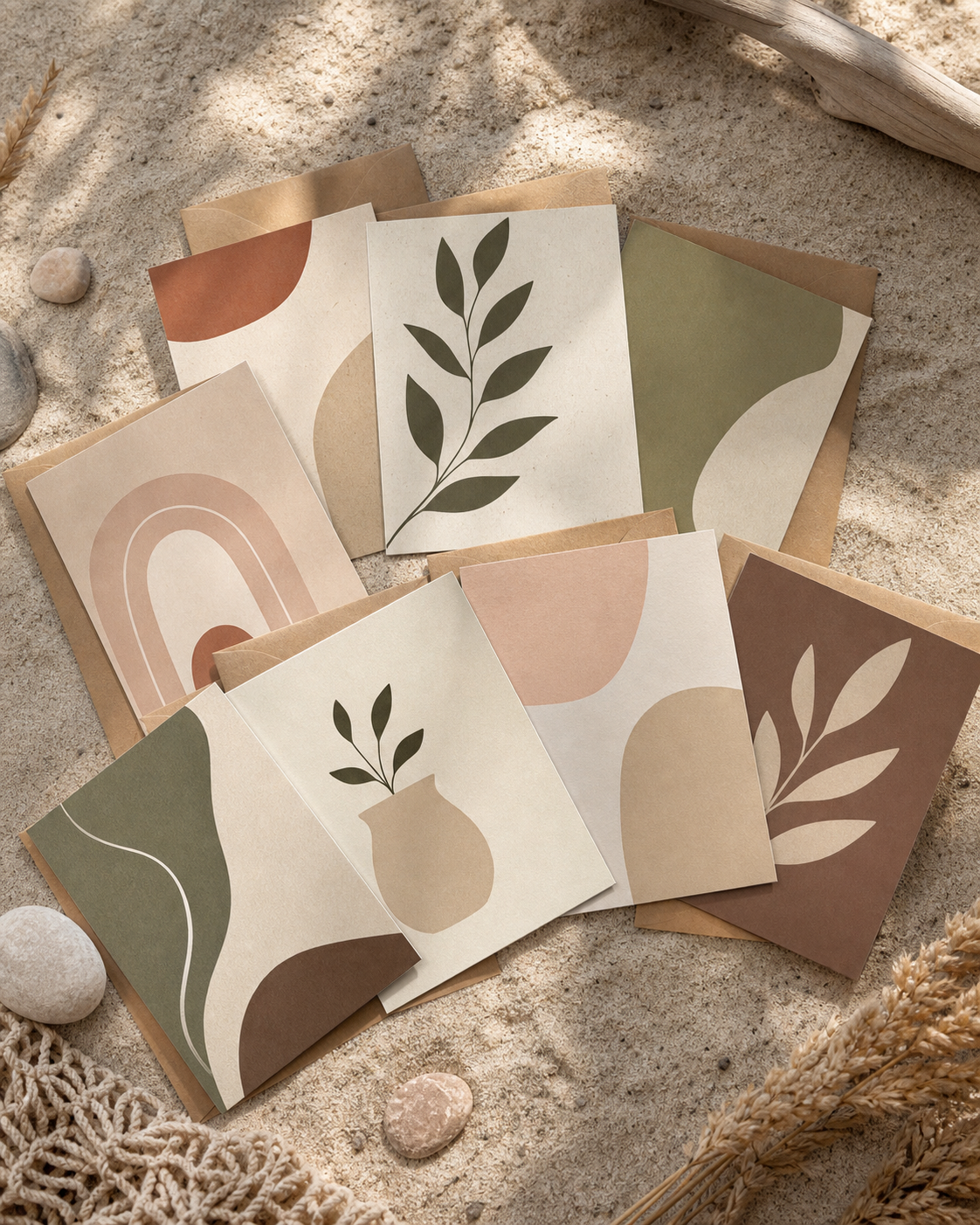 Eight muted earth-tone greetings cards fanned out with kraft envelopes.