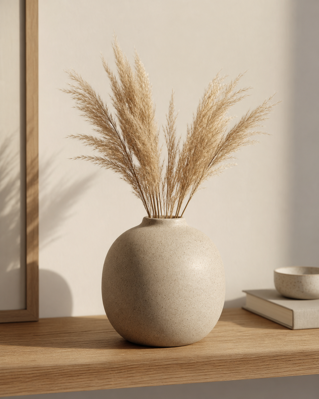 Rounded matte stoneware pebble vase in sand glaze on an oak shelf.