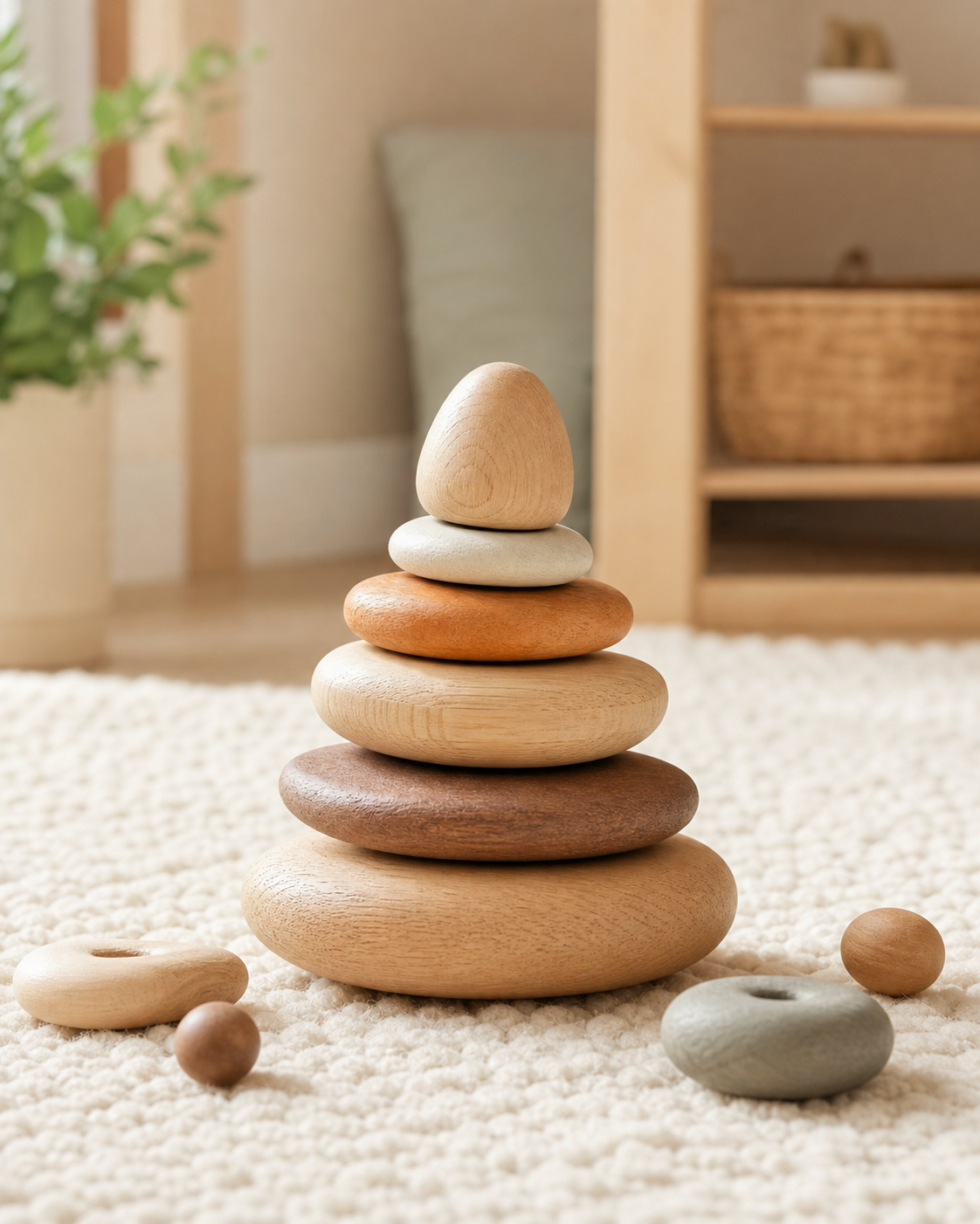 Wooden stacking stones toy in natural muted tones on a pale wool rug.