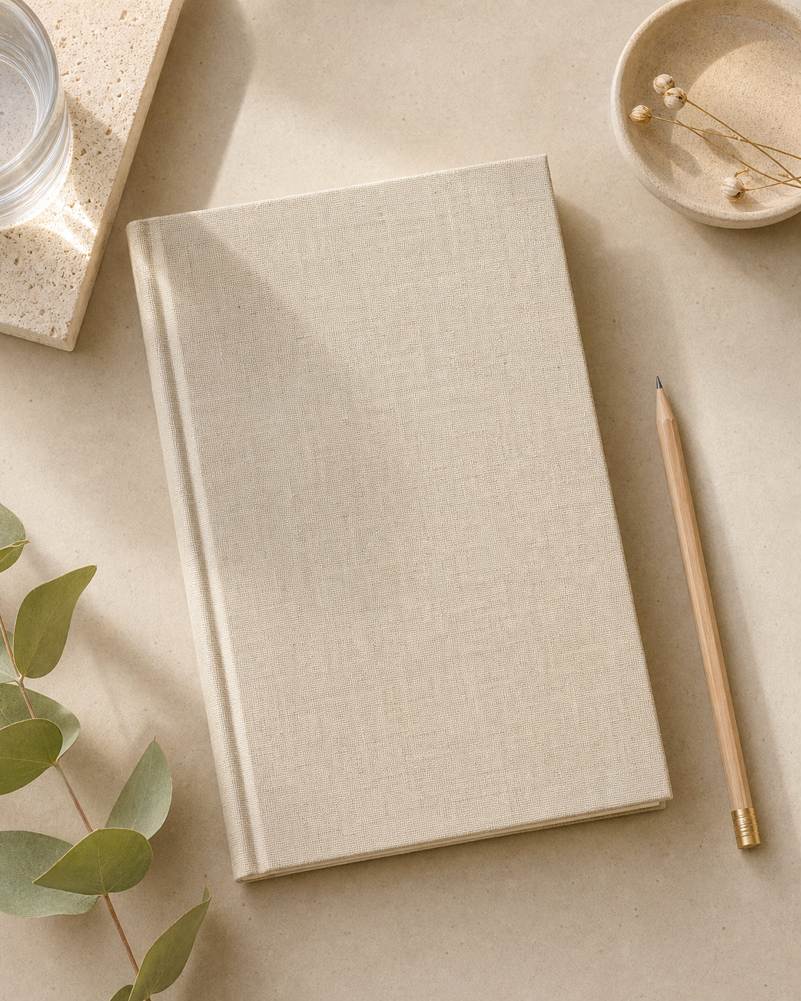 Linen-wrapped sand notebook with pencil on a sand-coloured desk.